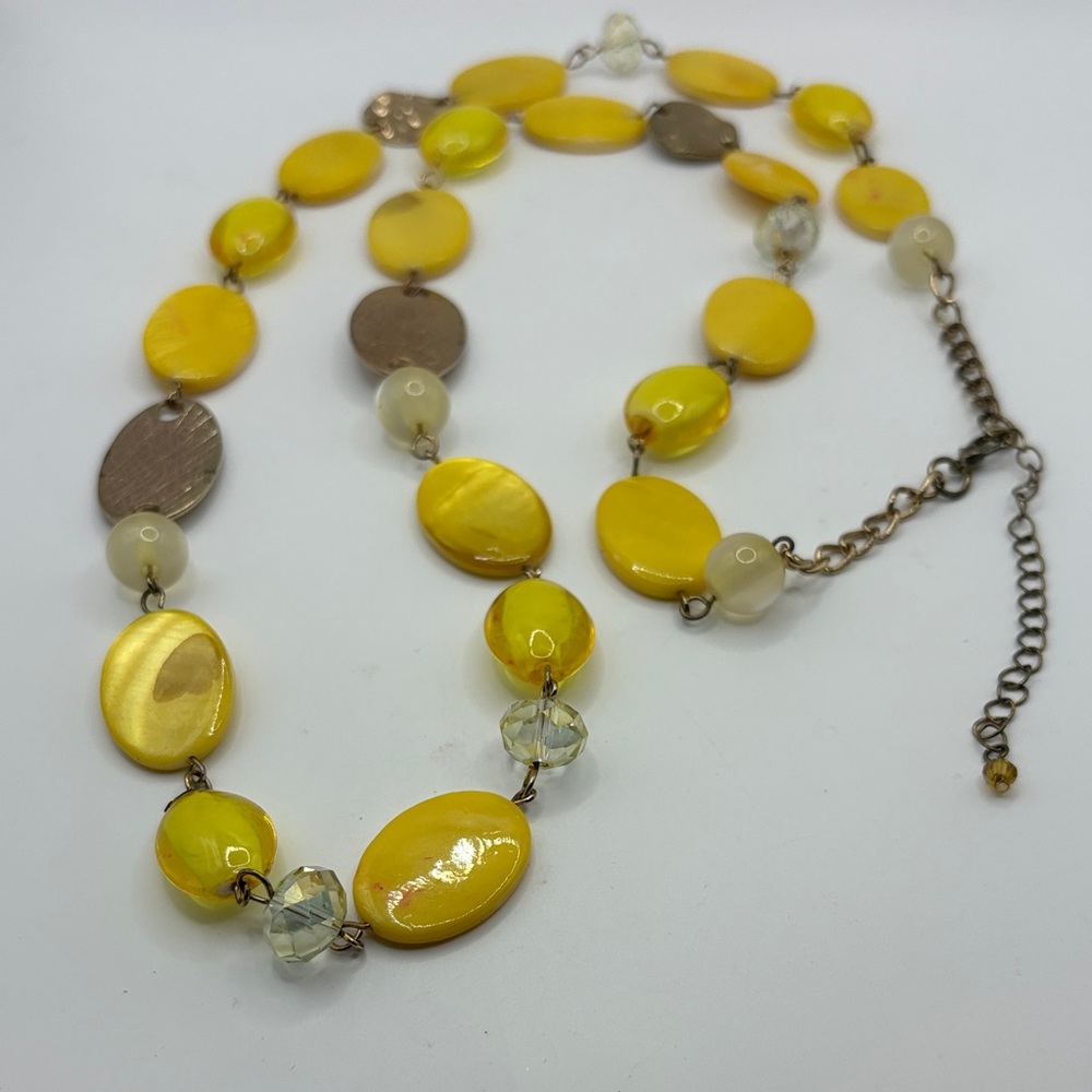 Sunny Yellow Beaded Necklace Mother Of Pearl & Moin Glow & Crystals Mixed
